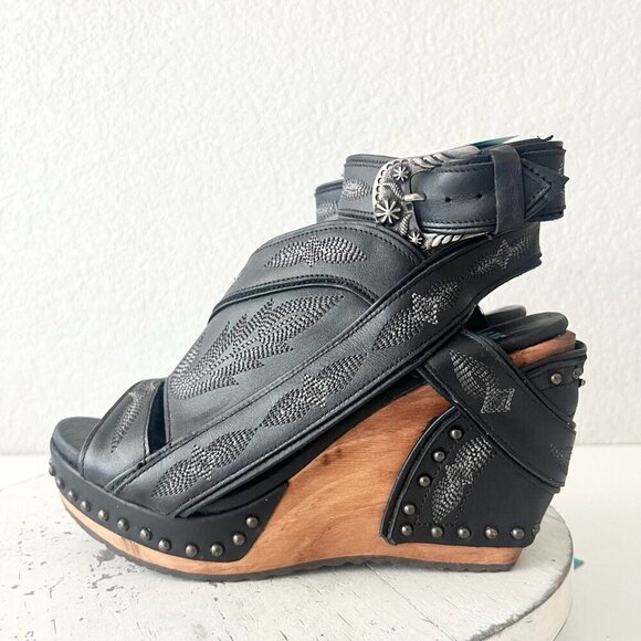 Lane Boots LEXINGTON Womens Black Wedges 7.5 Western Sandals Cowgirl Wooden Heel - Picture 4 of 11